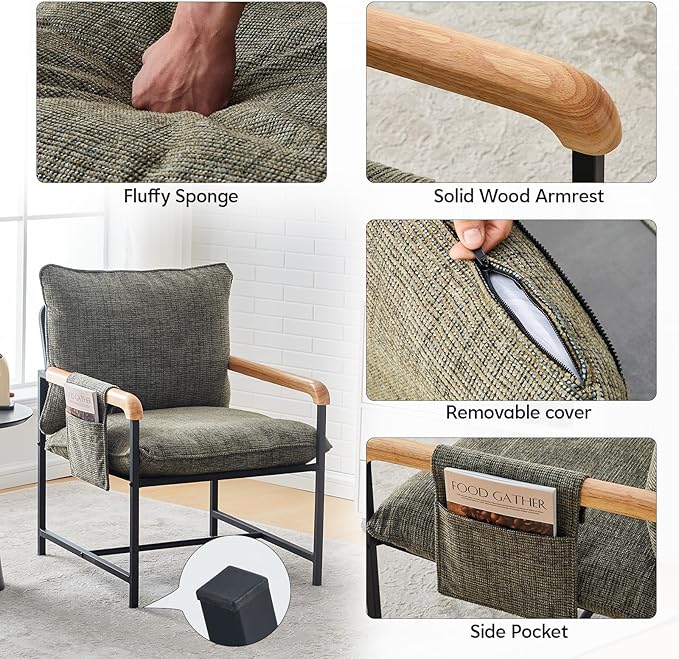 CLIPOP Modern Accent Chair, Modica Fabric Comfy Reading Chair with Wood Arms, Removable Cover, Side Pocket, Soft Cushion, Leisure Living Room Armchair for Bedroom, Home Office, Green