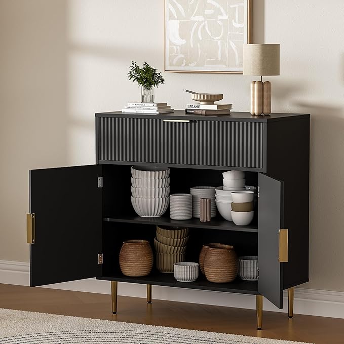 Sideboard Buffet Cabinet with 2 Doors & Drawer, Coffee Bar with Adjustable Shelves, Liquor Cabinet with Storage, Accent Cabinet Console Table for Living Dining Room, Black