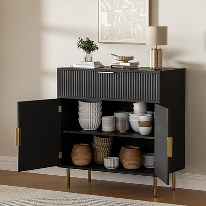 Sideboard Buffet Cabinet with 2 Doors & Drawer, Coffee Bar with Adjustable Shelves, Liquor Cabinet with Storage, Accent Cabinet Console Table for Living Dining Room, Black