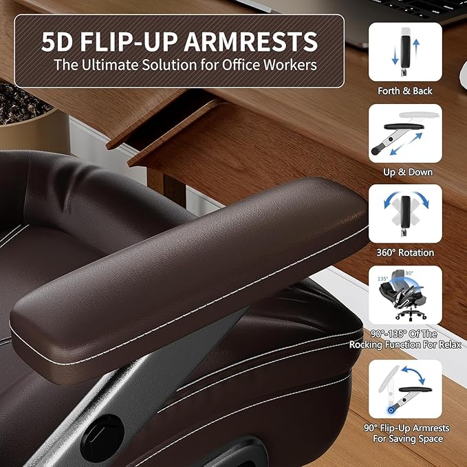 Big and Tall Office Chair, 600lbs Heavy Duty Desk Chair with 5D Arms, Adjustable Lumbar Support & Height, Tilt Function, PU Leather High Back Ergonomic Executive Computer Chair with 3'' Silent Casters