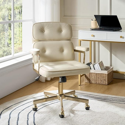 HULALA HOME Faux Leather Office Desk Chair with Golden Metal Legs, Comfy Upholstered Computer Chair with Tufted Backrest & Thick-Cushion Padded Armrest, Height Adjustable and 360°Swivel, Ivory
