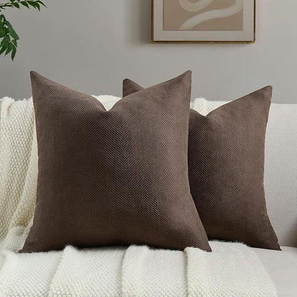 FUTEI Dark Coffee Chenille Throw Pillow Covers 20x20 Inch Set of 2,Soft Wide Chevron Textured Cushion Case,Farmhouse Home Decor for Couch Bed Living Room