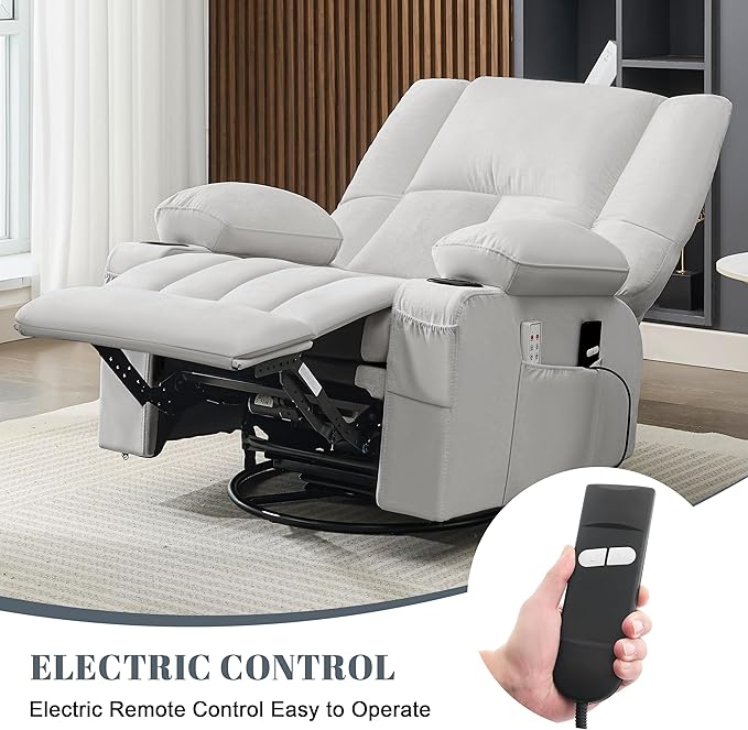 Swivel Rocker Chair with Heat and Massage, 270° Power Recliner Chairs for Adults, USB and Type-C Ports, Oversized Recliner Single Sofa, Electric Glider Chair(LightGrey)