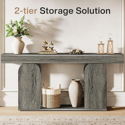 Tribesigns 70.9-Inch Extra Long Sofa Table, Farmhouse Console Tables with Wood Frame and Storage Shelf, 2-Tier Wood Table Behind Couch for Living Room, Hallway, Foyer, Light Brown (Dark Gray)