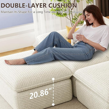 113.03" Sectional Couches for Living Room Modern Modular Sofa with U-Shape Couchs Upholstered Corduroy Boneless Couch Deep Seat Cloud Couch with Ottoman, No Assembly Required, White