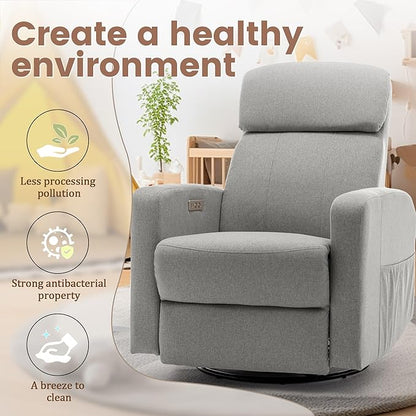 Power Swivel Recliner Chairs for Adults, Electric Glider Rocking Chair Nursery, Glider Recliner Nursery Chair with Classified Side Pocket, Nursery Rocking Chairs with USB and Type-C Ports
