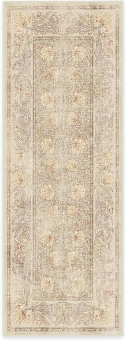 RUGGABLE x Morris & Co Machine Washable Runner Rug – Pimpernel Vintage Stone 2.5x7, Stain-Resistant, Non-Slip – Washable Rug for Hallway, Entryway, Living Room & Kitchen–with Cushioned Pad