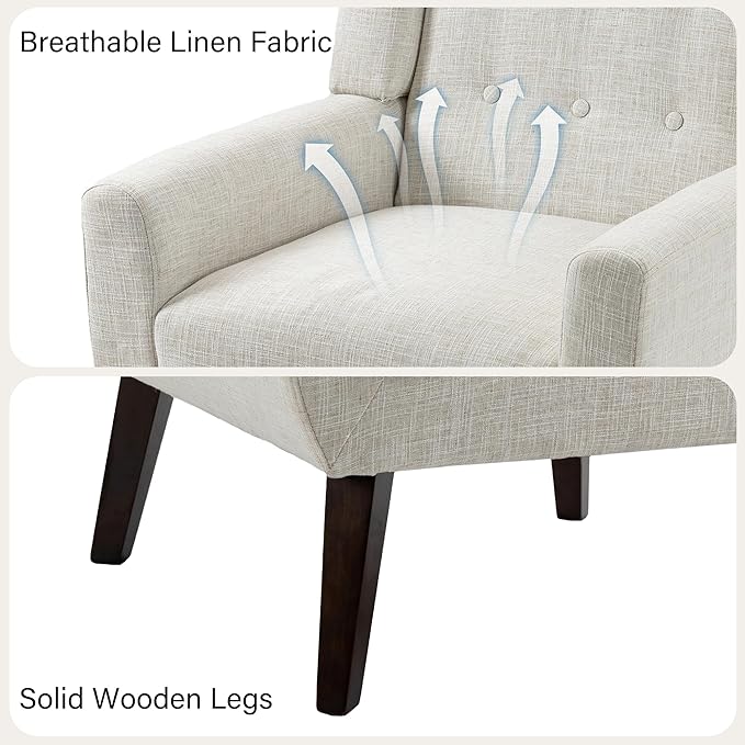 Accent Chair, Mid-Century Modern Fabric Chairs with Arms for Living Room, Comfy Upholstered Club Single Sofa Armchair for Bedroom Waiting Room with Solid Wood Frame (Fabric Beige, Set of 2)