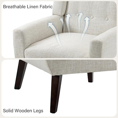 Accent Chair, Mid-Century Modern Fabric Chairs with Arms for Living Room, Comfy Upholstered Club Single Sofa Armchair for Bedroom Waiting Room with Solid Wood Frame (Fabric Beige, Set of 1)