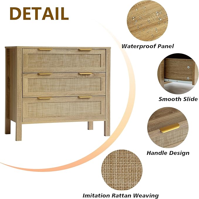 3 Drawer Dressers for Bedroom, Rattan Dresser with Drawers, Modern Wood Dresser with Metal Handles, Chest of Drawers for Bedroom, Living Room, Entryway (3 Drawer)