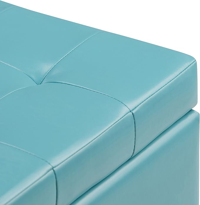 SIMPLIHOME Cosmopolitan 34 inch Wide Transitional Rectangle Storage Ottoman in Soft Blue Vegan Faux Leather, Assembled, For the Living Room, Entryway and Family Room