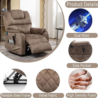 Power Lift Recliner Chair Recliners for Elderly,Lay Flat Velvet Tufted Recliner with Heat and Massage,Dual Motor Lounge Recliners for Living Room