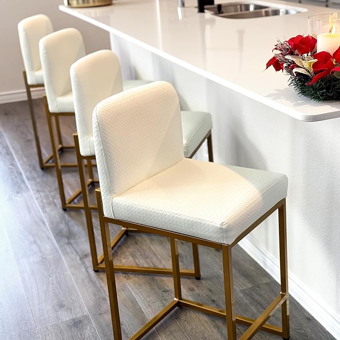 ALPHA HOME 24 Inch Bar Stools Set of 4, Kitchen Counter Stools with Backs, PU Leather Barstools, White Bar Stools with Upholstered Footrest, Sturdy Chromed Metal Steel Frame, Off-White
