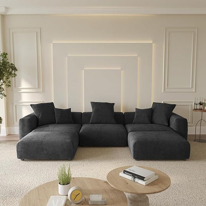 WJShome Cloud Couch Modular Sectional Sofa,141.73" U Shaped Sofa with 2 Ottomans,Black Corduroy Couch 5 Seater,Convertible Sectional Sofa for Living Room,Cushion Covers Removable& Washable