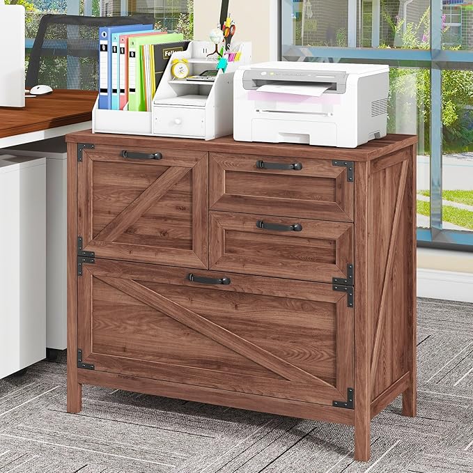 Lateral File Cabinet with 4 Drawers, Farmhouse File Cabinet for Letter/Legal/A4 Size Hanging Files, Large Wood File Storage Cabinets Printer Stand for Home Office Cabinets, Rustic Brown