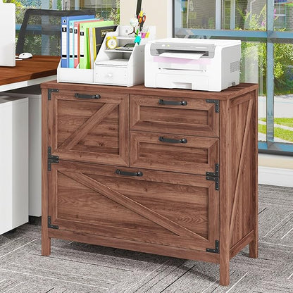 Lateral File Cabinet with 4 Drawers, Farmhouse File Cabinet for Letter/Legal/A4 Size Hanging Files, Large Wood File Storage Cabinets Printer Stand for Home Office Cabinets, Rustic Brown