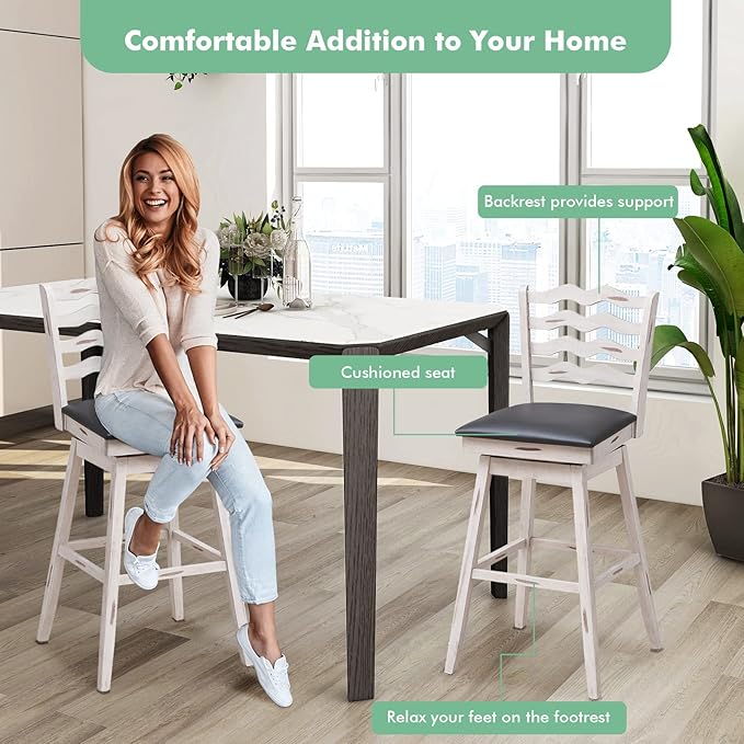 COSTWAY Bar Stools Set of 4, 29” 360° Swivel Bar Height Chairs with Rubber Wood Frame, Cushioned Seat, Ergonomic Backrest & Footrest, Wooden Upholstered Barstools for Kitchen Island (4, 29”)