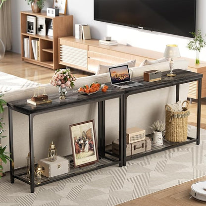 47" Console Table with Storage, 2 Tier Narrow Entryway Table, Sofa Table with Mesh Shelves, Console Tables for Living Room, Bedroom, Hallway, Entryway, Foyer, Oak Grey