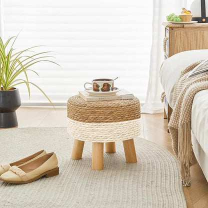 Round Ottoman, Natural Seagrass Footstool with 4 Wood Legs, Multifunctional Modern Dressing Stool and Sofa Side Table for Bedroom (White)