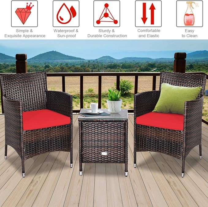 COSTWAY 3 PCS Patio Furniture Set, Outdoor Wicker Conversation Set with Tempered Glass Coffee Table, Seat Cushions, Rattan Wicker Chairs for Poolside Balcony Porch Backyard, Red