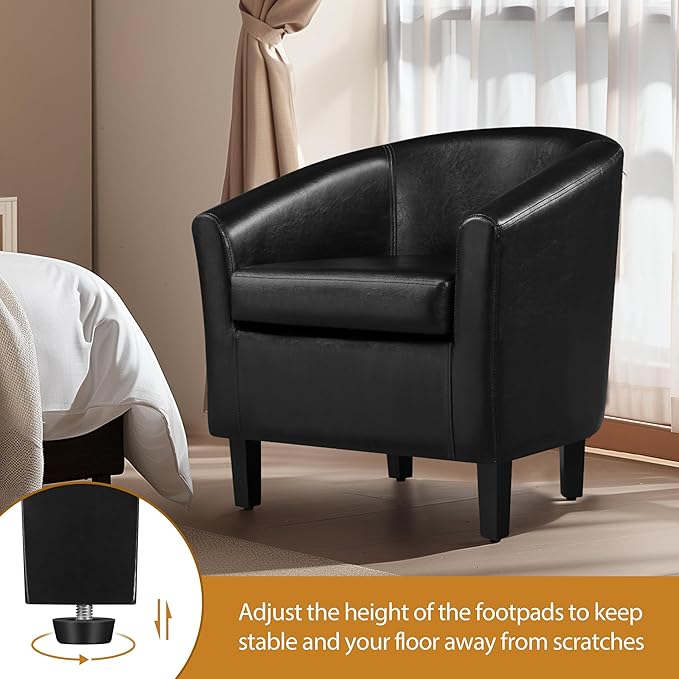 Yaheetech Barrel Chair, Faux Leather Accent Chair, Leather Armchair Club Chair with Soft Padded and Sturdy Legs for Living Room/Bedroom/Study/Waiting Room, Black