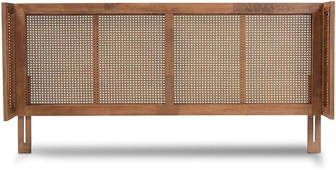 Eclectic Escape Mid-Century Modern Ash Wanut Finished Wood and Synthetic Rattan Wrap-Around Headboard King