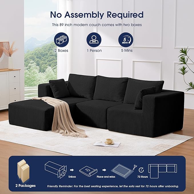 KINGYES 107'' Modular Sectional Sofa, L Shaped Cloud Couch for Living Room, Modern Boneless Sofa with Chaise for Bedroom, Black