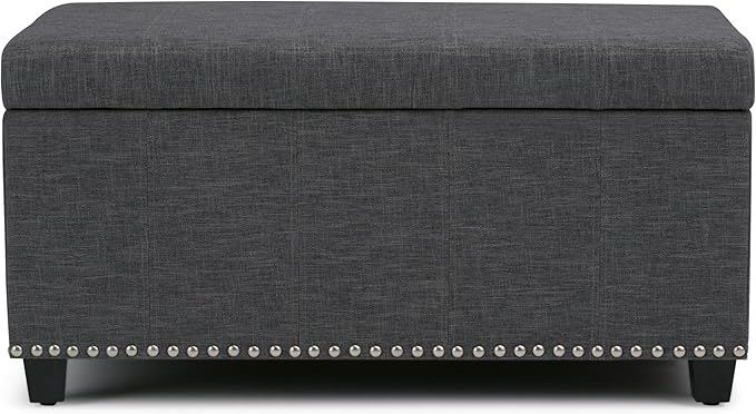 SIMPLIHOME Amelia 33 inch Wide Transitional Rectangle Storage Ottoman Bench in Slate Grey Linen Look Fabric, Assembled, For the Living Room, Entryway and Family Room