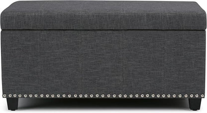 SIMPLIHOME Amelia 33 inch Wide Transitional Rectangle Storage Ottoman Bench in Slate Grey Linen Look Fabric, Assembled, For the Living Room, Entryway and Family Room