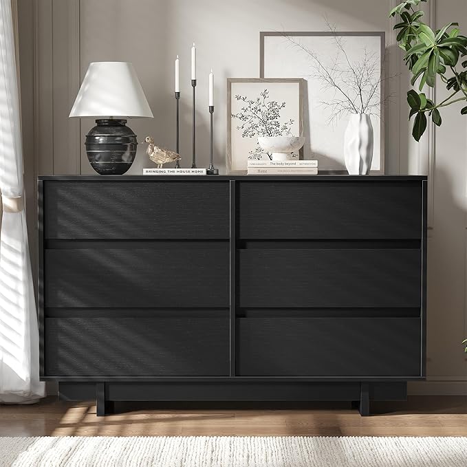 Black Dresser for Bedroom, 47" Wide 6 Drawer Dresser, Mid Century Modern Dressers Chest of Drawers, Wooden Large Dressers for Bedroom, Closet