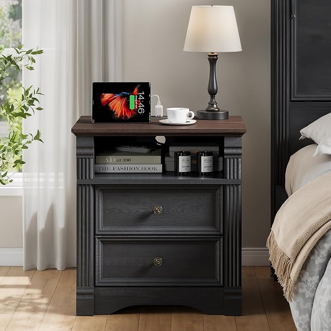 Yaamizz Farmhouse Nightstands with Charging Station, Table with Drawer and Storage Shelf, Wood Pilasters and Metal Handles, Vintage Design, Organizer for Bedroom, Hallway, Black