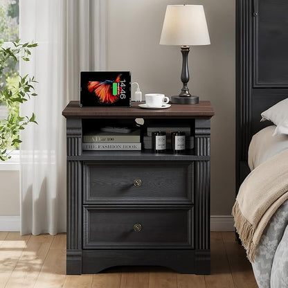 Yaamizz Farmhouse Nightstands with Charging Station, Table with Drawer and Storage Shelf, Wood Pilasters and Metal Handles, Vintage Design, Organizer for Bedroom, Hallway, Black