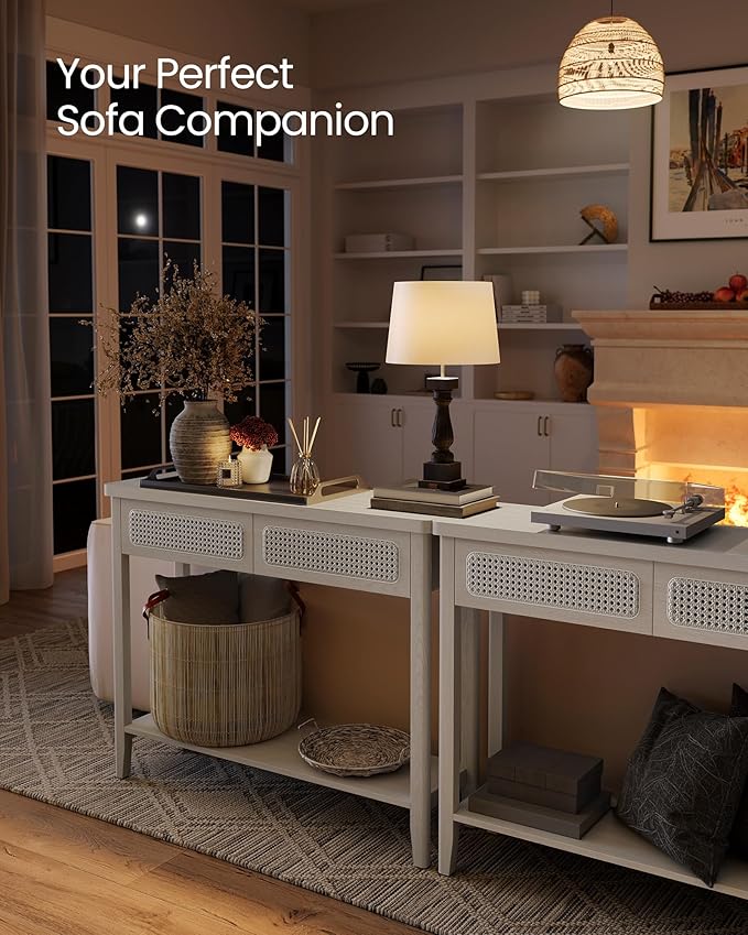 VASAGLE Console Table, Sofa Table, Narrow Entryway Table with 2 Drawers, Open Storage Shelf, Rounded Corners, for Living Room, Boho Style, Oatmeal Beige ULNT016K66