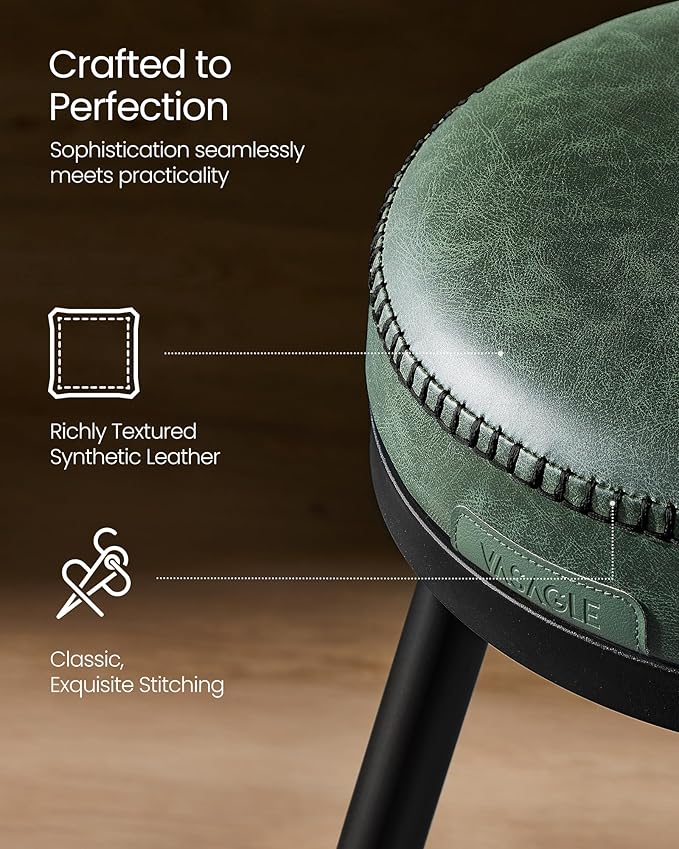 VASAGLE EKHO Collection - Bar Stools Set of 2, Swivel Counter Height Bar Stools with Back, Synthetic Leather with Stitching, Mid-Century Modern, 25.6-Inch Tall Barstools for Kitchen Bar, Forest Green
