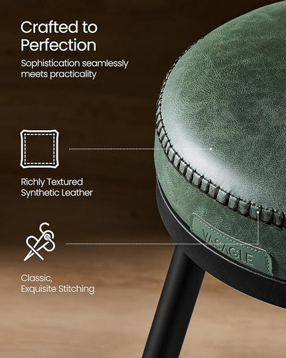 VASAGLE EKHO Collection - Bar Stools Set of 2, Swivel Counter Height Bar Stools with Back, Synthetic Leather with Stitching, Mid-Century Modern, 25.6-Inch Tall Barstools for Kitchen Bar, Forest Green