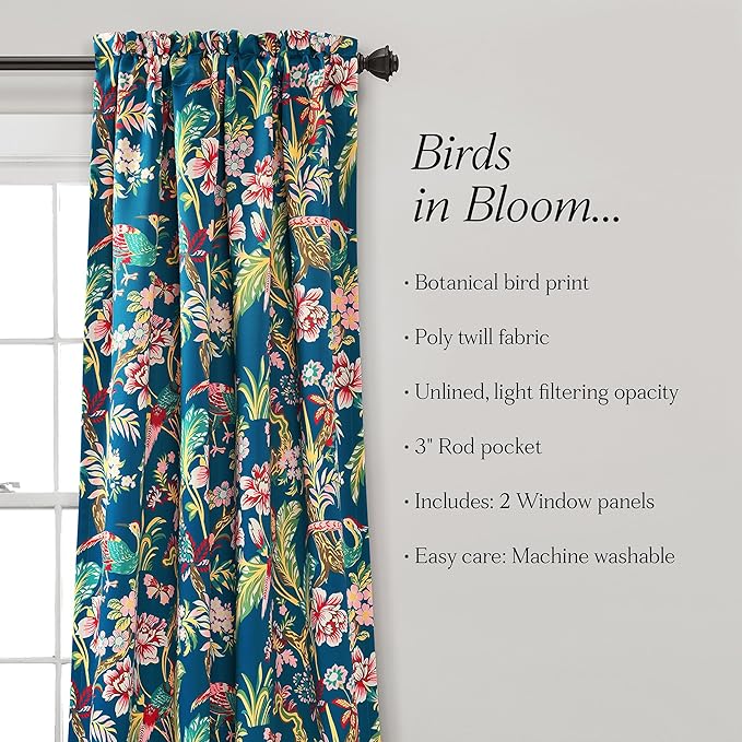 Lush Decor Dolores Light Filtering Window Panels, Pair, 52" W x 95" L, Navy & Multi - Floral Curtains for Bedroom - Vintage Curtains - Coquette Room Decor
