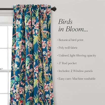Lush Decor Dolores Light Filtering Window Panels, Pair, 52" W x 95" L, Navy & Multi - Floral Curtains for Bedroom - Vintage Curtains - Coquette Room Decor