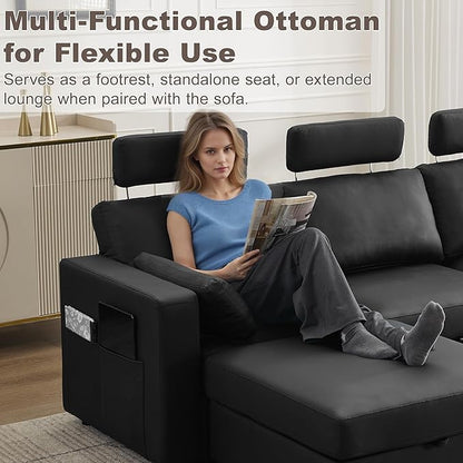 Ottoman with Storage, Faux Leather Square Storage Ottoman, Large Ottomans Foot Rest, Upholstered Foot Stools Ottomans for Modular Sectional Sofa, Coffee Table for Living Room, Black