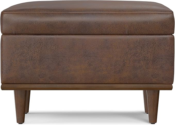 SIMPLIHOME Shiloh 26 inch Wide Transitional Contemporary Small Storage Ottoman in Distressed Chestnut Brown Vegan Faux Leather, Assembled, for The Living Room, Entryway and Family Room