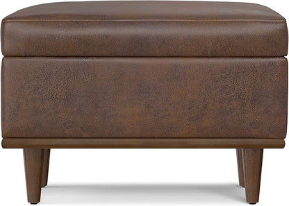 SIMPLIHOME Shiloh 26 inch Wide Transitional Contemporary Small Storage Ottoman in Distressed Chestnut Brown Vegan Faux Leather, Assembled, for The Living Room, Entryway and Family Room