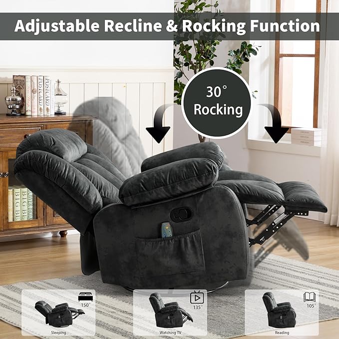 CANMOV Massage Swivel Rocker Recliner Chair with Heat and Vibration, 360 Degree Swivel Manual Recliners Antiskid Fabric Single Sofa Heavy Duty Reclining Chair for Living Room, Grey Green