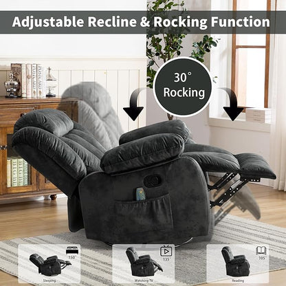 CANMOV Massage Swivel Rocker Recliner Chair with Heat and Vibration, 360 Degree Swivel Manual Recliners Antiskid Fabric Single Sofa Heavy Duty Reclining Chair for Living Room, Grey Green