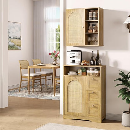 Rattan Bathroom Wall Cabinet with Door, Boho Medicine Wall Cabinets with Adjustable Shelves, Tall Kitchen Wall Mounted Storage Cabinet, Floating Hanging Cabinet Space Saver for Laundry Room, Natural