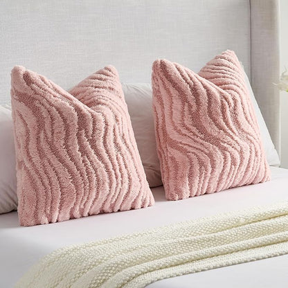 FUTEI Pink Decorative Throw Pillow Covers 16x16 Inch Set of 2,Soft Faux Fur Geometric Shapes Texture Cushion Case,Boho Home Decor for Couch Bed Living Room