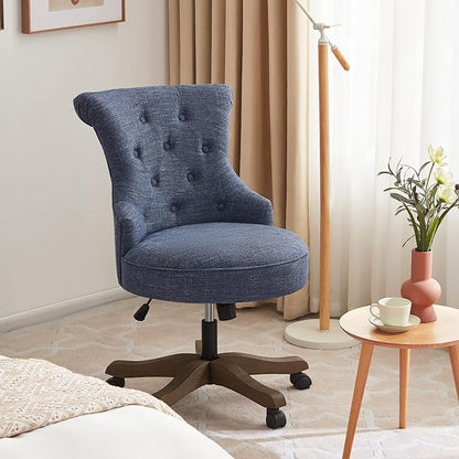 Home Office Chair Adjustable Height Swivel Chair with Wheels Linen Fabric Upholstered Computer Desk Chair with Wooden Legs Comfortable Armless Chair for Home Office Study Studio(Blue)
