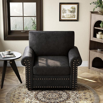 ONBRILL Nailhead Trim Accent Chair, Faux Leather Club Chair for Living Room, Comfy Armchair with Springs Cushions & Solid Wood Legs, Traditional Rolled Arms Single Sofa for Bedroom, Apartment, Black