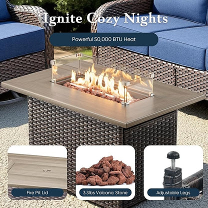 Belord Luxury 6" Thick Cushioned 5 Pieces Patio Furniture Set with Fire Pit Table, Wicker Outdoor Conversation Set with High Back Swivel Rocker Chairs for Deck Porch Yard and Poolside - Brown+Beige