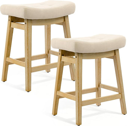 Bar Stools Set of 2 for Kitchen Counter Island Counter Height Farmhouse Modern Barstools with Upholstered Fabric Backless Seat and Solid Wood Legs 24 inch Bar Chairs, Khaki + Wood Color