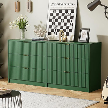 Green Dresser for Bedroom, Modern Dresser with 3 Drawers and Smooth Slides, Wide Chest of Drawers with Golden Handles for Bedroom, Living Room, Closet, 15.7" D x 31.5" W x 29.6" H