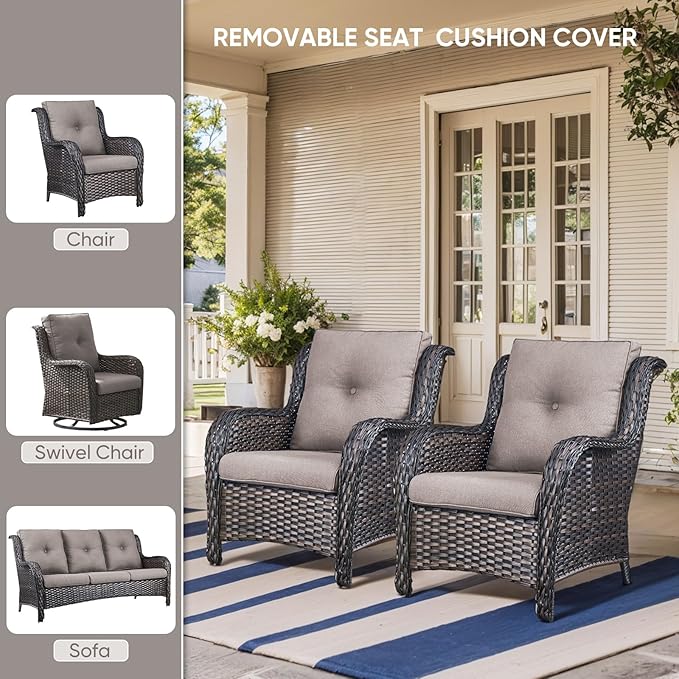 10-Piece Outdoor Patio Cushion Set - Fade & Water Resistant with Removable Olefin Cover, 22x24x4 Inch Memory Foam Cushions for Wicker Sectional Sofa – Grey/Buckle